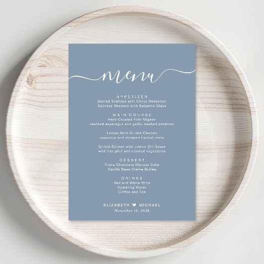 Elegant Script Dusty Blue Wedding Receptie Menu