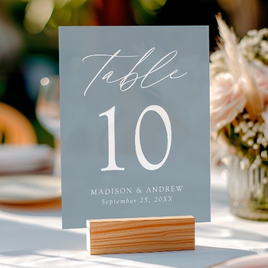 Elegant Script Dusty Blue Wedding Table Nummer Acryl Bord