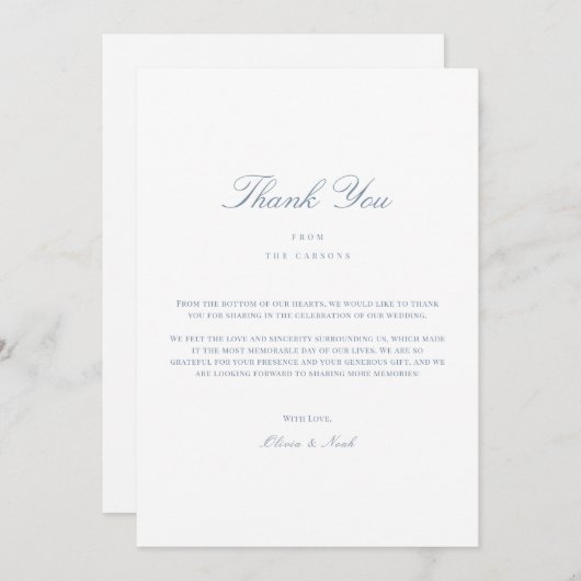 Elegant Script Dusty Blue & White Bedankt Card (Voorkant / Achterkant)