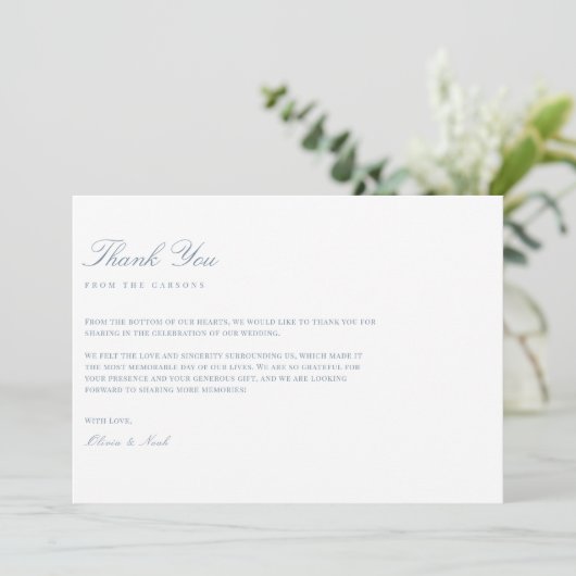 Elegant Script Dusty Blue & White Bedankt Card (Staand voorkant)