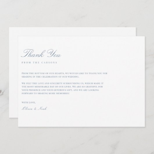 Elegant Script Dusty Blue & White Bedankt Card (Voorkant / Achterkant)