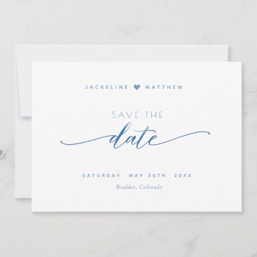 Elegant Script, Dusty Blue, White Simple Wedding Save The Date (Voorkant)