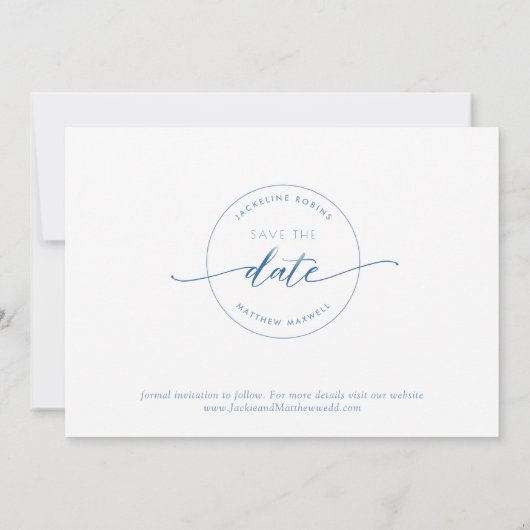 Elegant Script, Dusty Blue, White Simple Wedding Save The Date (Achterkant)
