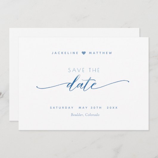 Elegant Script, Dusty Blue, White Simple Wedding Save The Date (Voorkant / Achterkant)