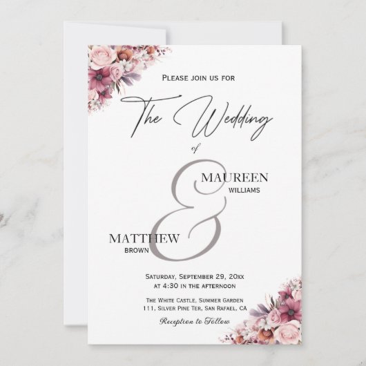 Elegant Script Dusty Pink Boho Floral Wedding Kaart (Voorkant)