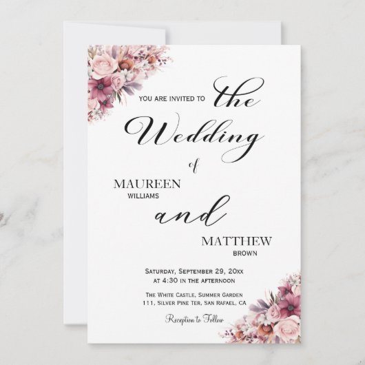 Elegant Script Dusty Pink Boho Floral Wedding Kaart (Voorkant)