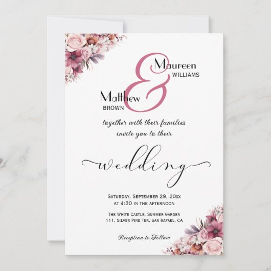 Elegant Script Dusty Pink Boho Floral Wedding Kaart (Voorkant)