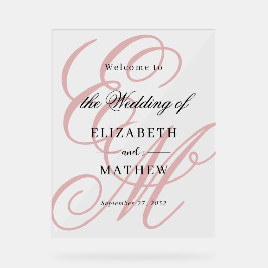 Elegant Script Dusty Roze Monogram Huwelijk Welkom Acryl Bord (Voorkant)