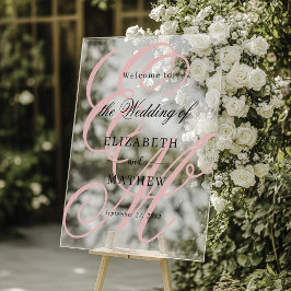 Elegant Script Dusty Roze Monogram Huwelijk Welkom Acryl Bord