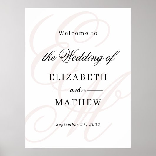 Elegant Script Dusty Roze Monogram Huwelijk Welkom Poster (Voorkant)