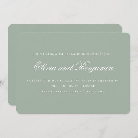 Elegant Script Dusty Sage Green repetitie diner Kaart (Voorkant / Achterkant)