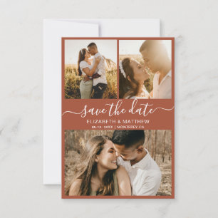 Elegant Script Earthy Rust Photo Collage Wedding Save The Date