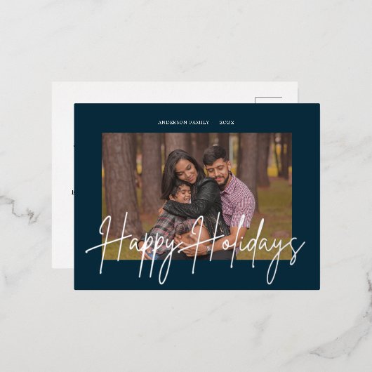 Elegant Script Echte Folie Vakantie Foto Briefkaar Folie Uitnodiging Briefkaart (Voorkant / Achterkant)