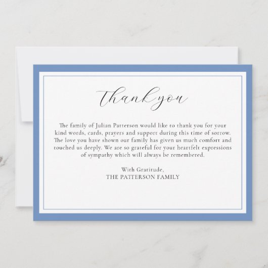Elegant Script Eenvoudig Blauw Uitvaart Dank u Kaa Kaart (Voorkant)