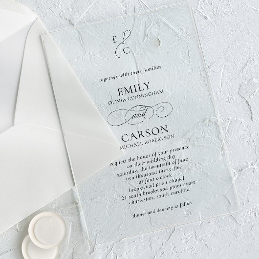 Elegant Script Eenvoudig Monogram Logo Modern Wedd Acryl Uitnodigingen
