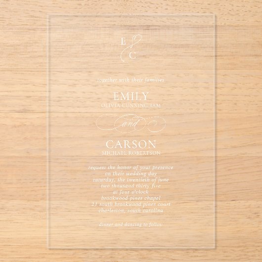 Elegant Script Eenvoudig Monogram Moderne bruiloft Acryl Uitnodigingen (Voorkant)