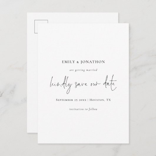 Elegant Script Eenvoudig Zwart Wit Sla de datum op Uitnodiging Briefkaart (Voorkant / Achterkant)