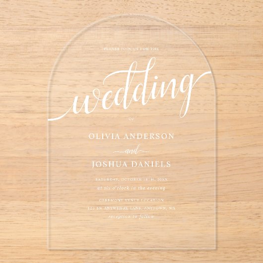 Elegant script Eenvoudige bruiloft acryl uitnodigi Acryl Uitnodigingen (Voorkant)