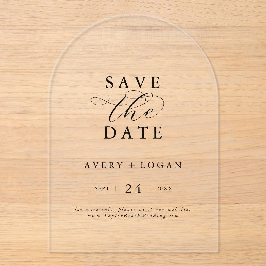 Elegant Script Eenvoudige moderne bruiloft Bewaar Acryl Uitnodigingen (Voorkant)