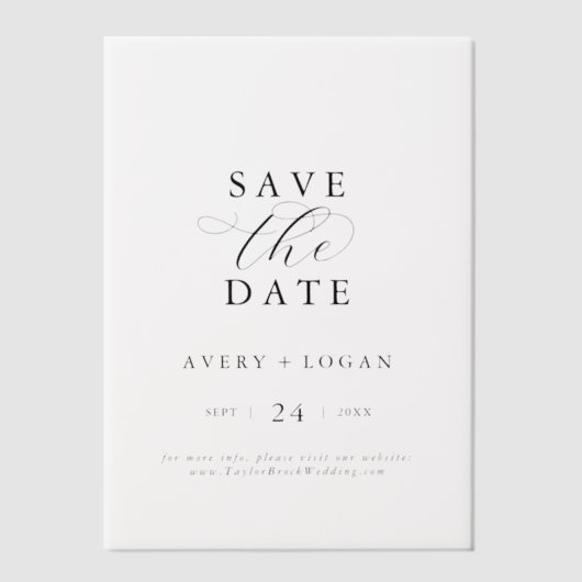 Elegant Script Eenvoudige moderne bruiloft Bewaar Vellum Uitnodigingen (Voorkant)