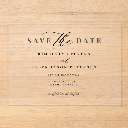 Elegant script eenvoudige moderne bruiloft save th acryl uitnodigingen (Voorkant)