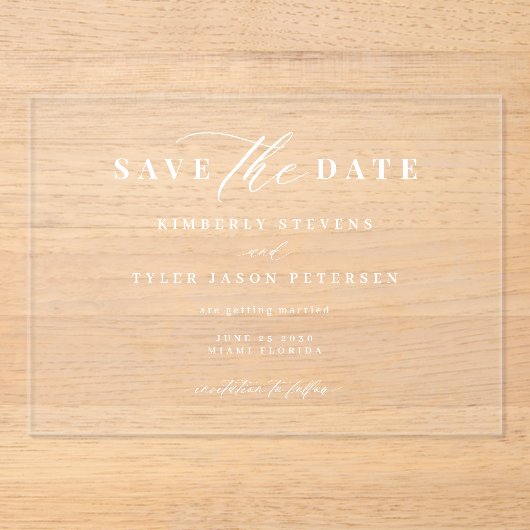 Elegant script eenvoudige moderne bruiloft save th acryl uitnodigingen (Voorkant)