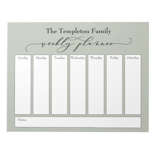 Elegant Script Eenvoudige Weekplanner, Saliegroen Notitieblok (Voorkant)