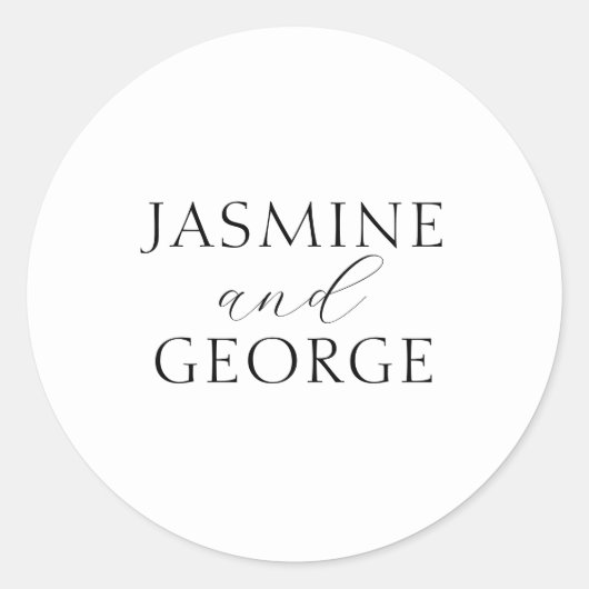 Elegant Script Eenvoudige zwart-wit bruiloft Ronde Sticker (Voorkant)