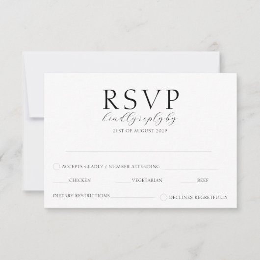 Elegant Script Eenvoudige zwart-wit bruiloft RSVP Kaartje (Voorkant)