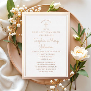 Elegant Script Eerste Communie Roze Goud Folie Uitnodiging
