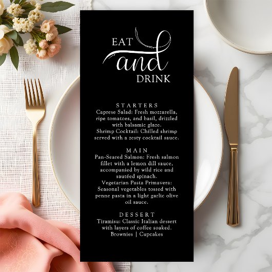 Elegant Script Eet en Drink Wedding Menu Kaarten