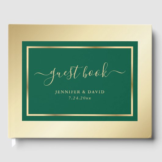Elegant Script Emerald Green en Gold Wedding Gastenboek (Voorkant)