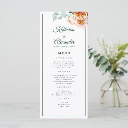 Elegant Script Emerald Groen Waterverf Bruiloft Menu (Staand voorkant)