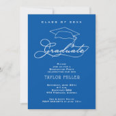 Elegant Script en Afstudeerder Pet Blauw Afstudere Kaart (Voorkant)
