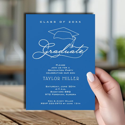 Elegant Script en Afstudeerder Pet Blauw Afstudere Kaart