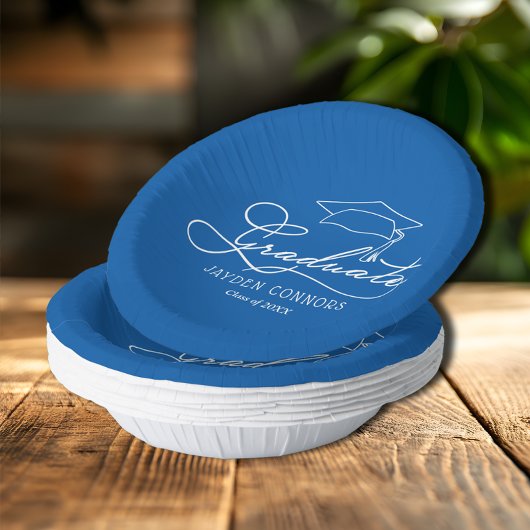 Elegant Script en Afstudeerder Pet Blauw Papieren Kommen