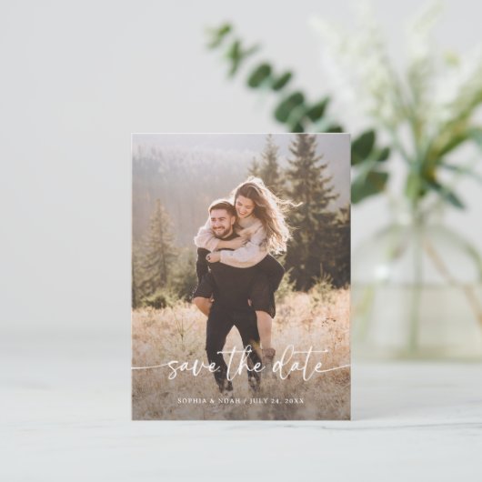 Elegant script en foto | De datum opslaan Aankondigingskaart (Staand voorkant)