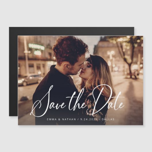 Elegant script en foto | De datum opslaan Magnetische Uitnodiging (Voorkant / Achterkant)