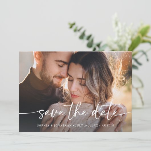 Elegant Script en twee foto's | QR-code Save The Date (Staand voorkant)