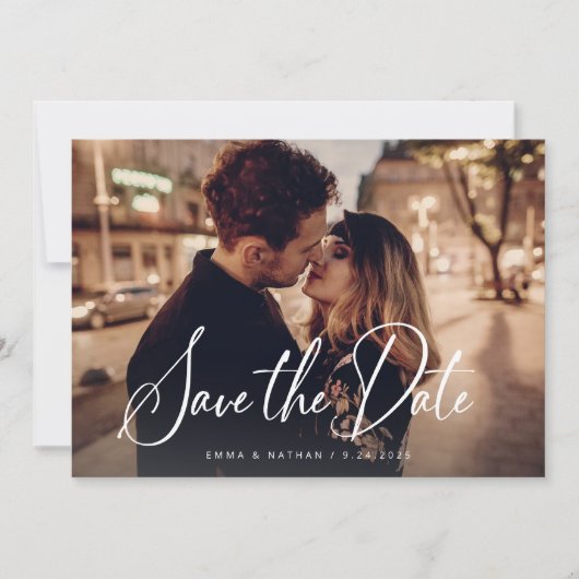 Elegant Script en zwart | Twee foto- en QR-code Save The Date (Voorkant)