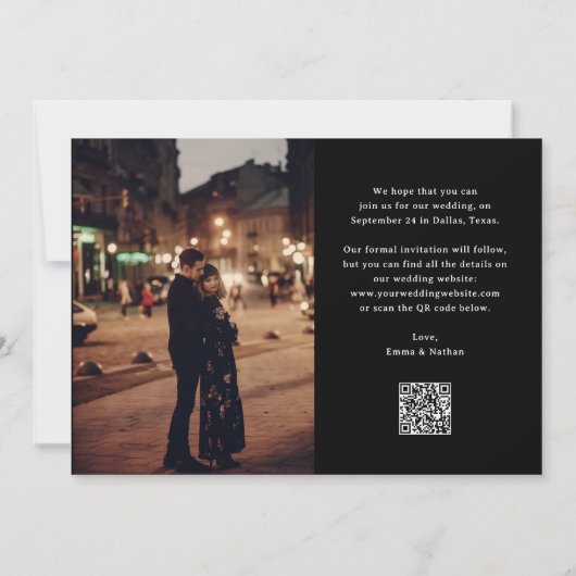 Elegant Script en zwart | Twee foto- en QR-code Save The Date (Achterkant)