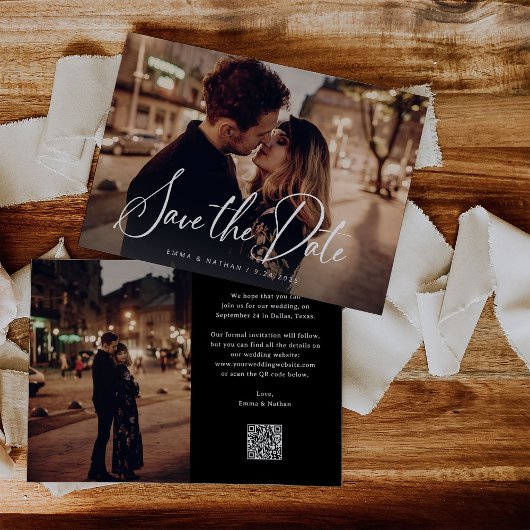 Elegant Script en zwart | Twee foto- en QR-code Save The Date