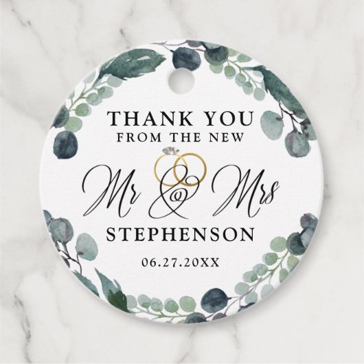 Elegant Script Eucalyptus Bruiloft Dank u Bedankjes Labels (Voorkant)