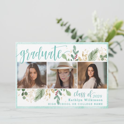 Elegant Script Eucalyptus Greenery 3 Foto Afstudee Kaart (Staand voorkant)