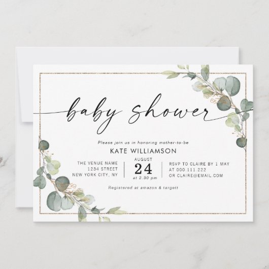 elegant script eucalyptus greenery baby shower kaart (Voorkant)