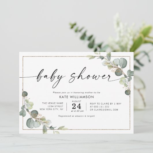 elegant script eucalyptus greenery baby shower kaart (Staand voorkant)