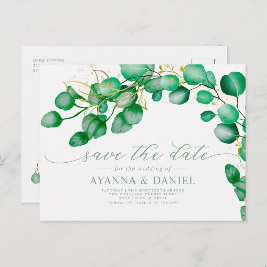 Elegant Script Eucalyptus Greenery Save the Date Briefkaart (Voorkant / Achterkant)