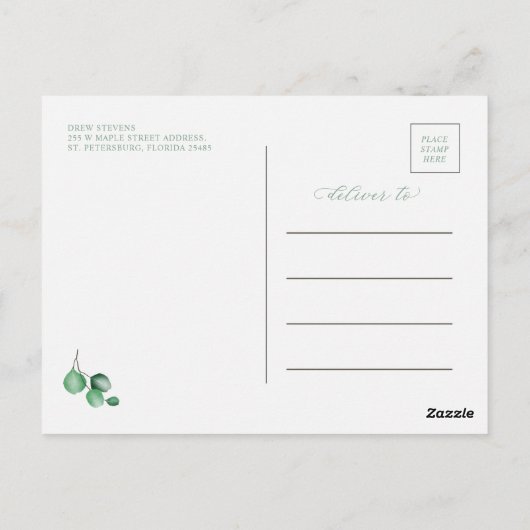 Elegant Script Eucalyptus Greenery Save the Date Briefkaart (Achterkant)