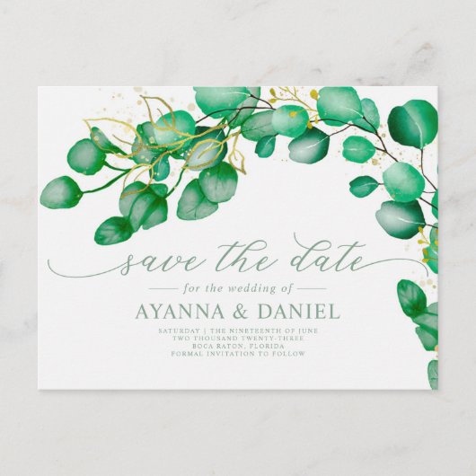 Elegant Script Eucalyptus Greenery Save the Date Briefkaart (Voorkant)