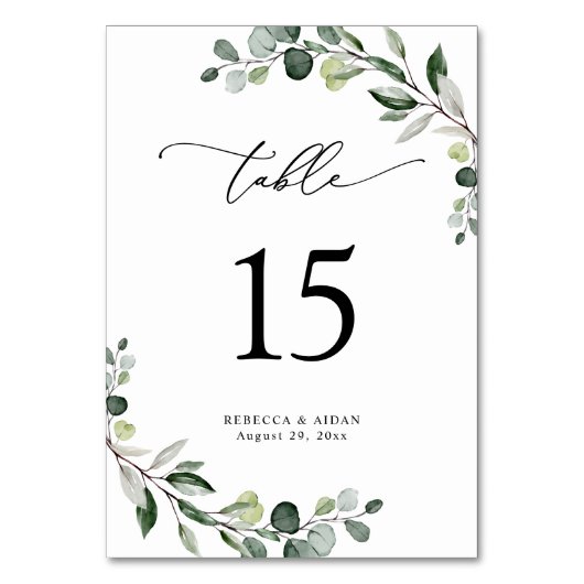 Elegant Script Eucalyptus Greenery Table Number Kaart (Achterkant)
